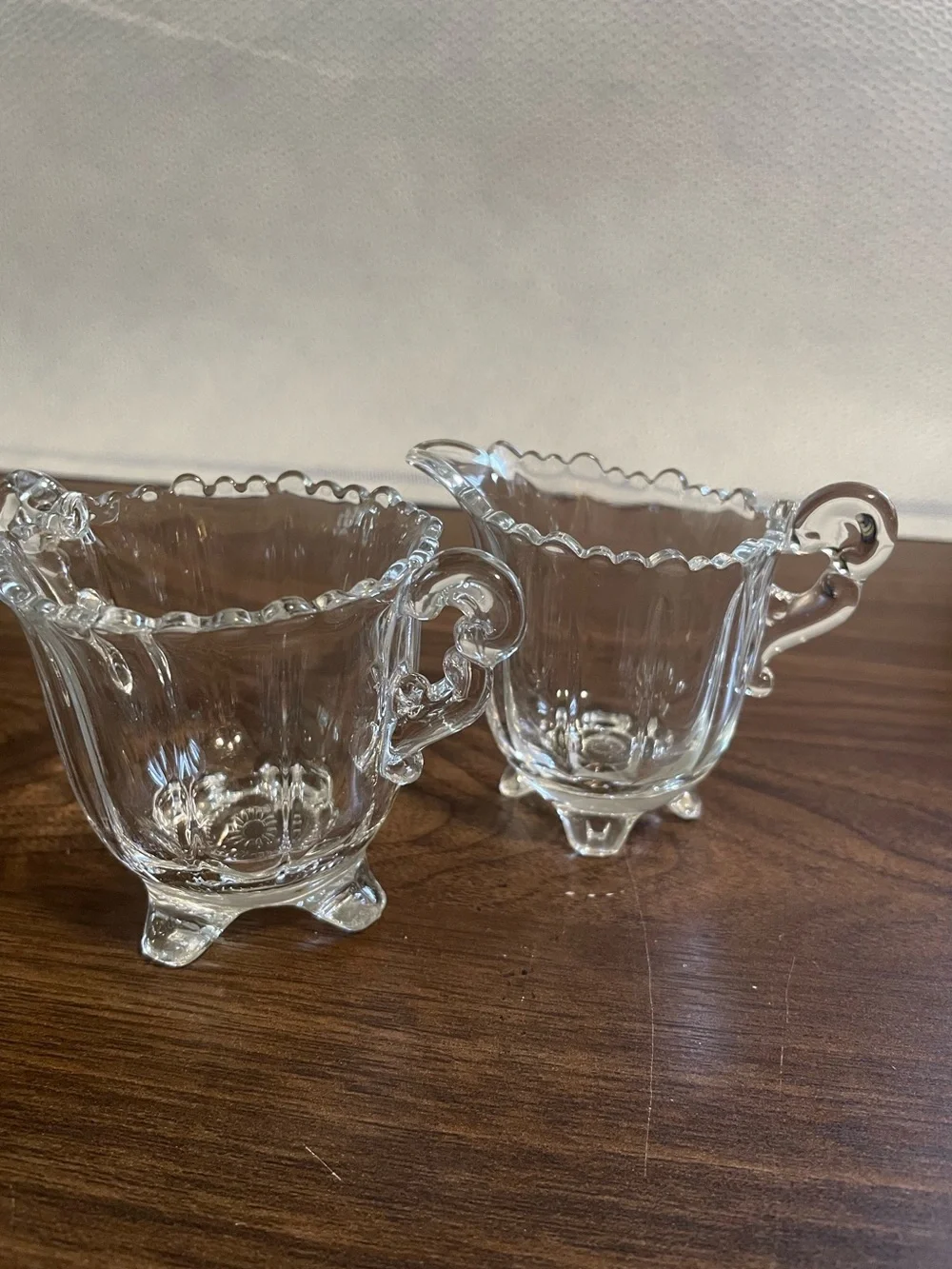 Clear Glass Creamer and Sugar Set with Scalloped Rim